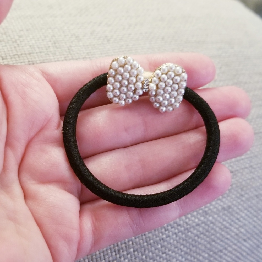 Hair Band Metal Bow Pearly Rhinestones Ponytail - Picture 3 of 6